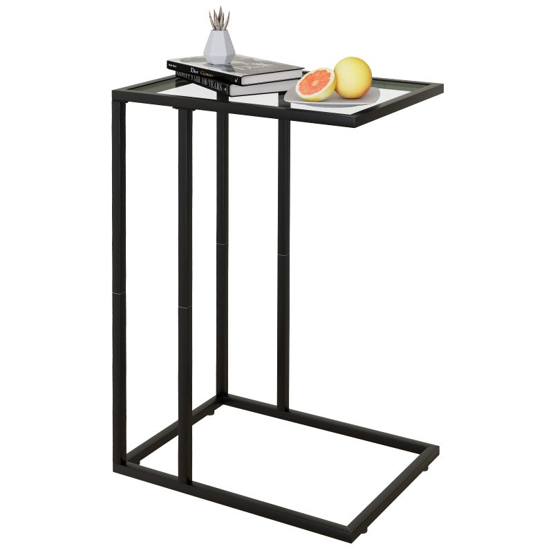 C Table Glass End Table Couch Side Table Tempered Glass Snack Side Table with Metal Frame TV Tray Table for Small Space Sofa Couch Side Tableand Bed Side TableBlack