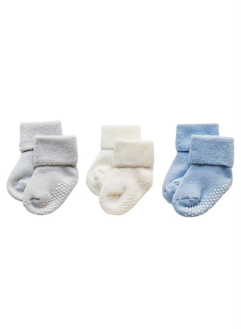 Lion Llama Baby Socks Set of 3 Pairs for Boys | Anti-Slip Terry Cotton Crew Socks for Newborns and Toddlers | Grey, Cream & Blue - Image 1