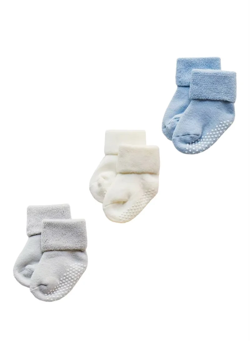 Lion Llama  Lion Llama Baby Socks Set of 3 Pairs for Boys | Anti-Slip Terry Cotton Crew Socks for Newborns and Toddlers | Grey, Cream & Blue for Men | Best Price UAE
