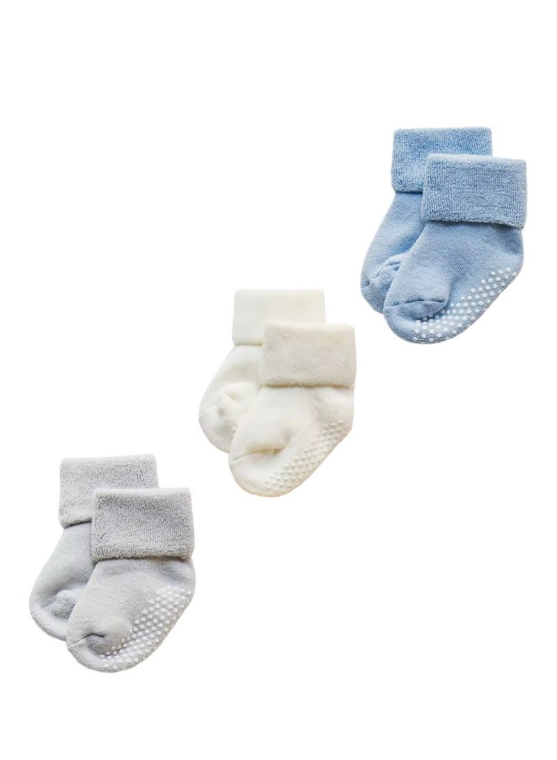 Lion Llama Baby Socks Set of 3 Pairs for Boys | Anti-Slip Terry Cotton Crew Socks for Newborns and Toddlers | Grey, Cream & Blue - Image 4