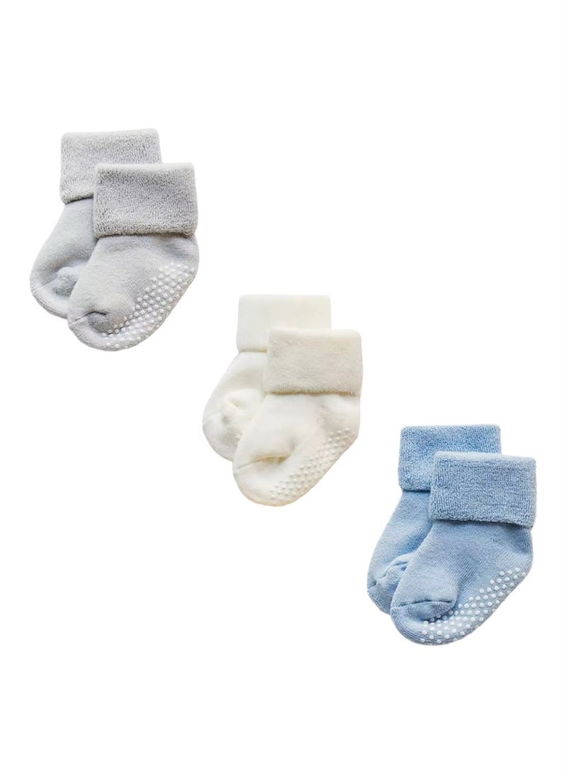 Lion Llama Baby Socks Set of 3 Pairs for Boys | Anti-Slip Terry Cotton Crew Socks for Newborns and Toddlers | Grey, Cream & Blue - Image 3