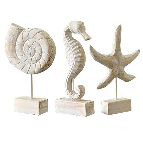 Exttlliy 3pcs Wood Handmade Beach Nautical Style Figurines Starfish/Conch/Seahorse Statue Home Decor - Image 1