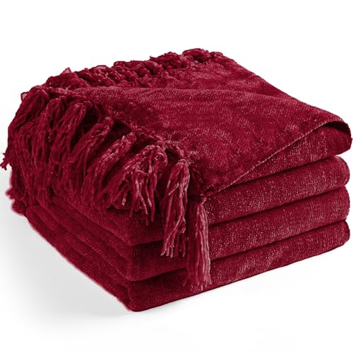 LONG CREATE Chenille Throw Blanket for Couch 50X 60 Soft Cozy Throws with Fringe Tassel for Bed Sofa Chair Cover Lightweight Knitted Decorative Boho Blankets for Living Room Red - Image 1