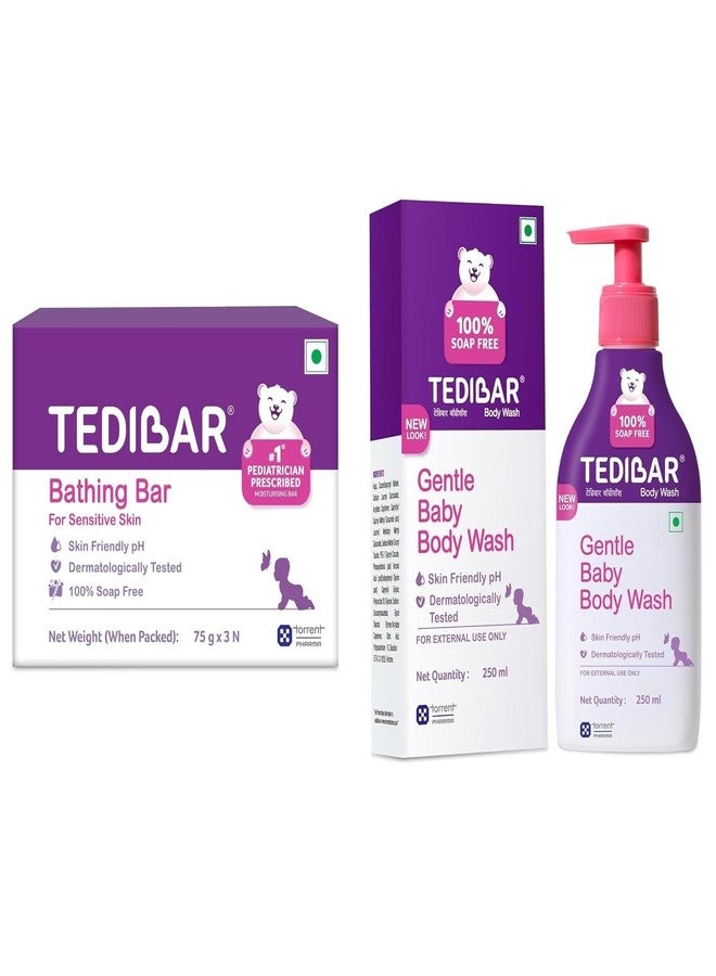 Tedibar Rich Moisturising Baby Body Wash 250ml with Skin Friendly PH with & Moisturising Baby Bathing Bar 75gx3(Pack of 1)|100% Soap Free|Dermatol - Image 1