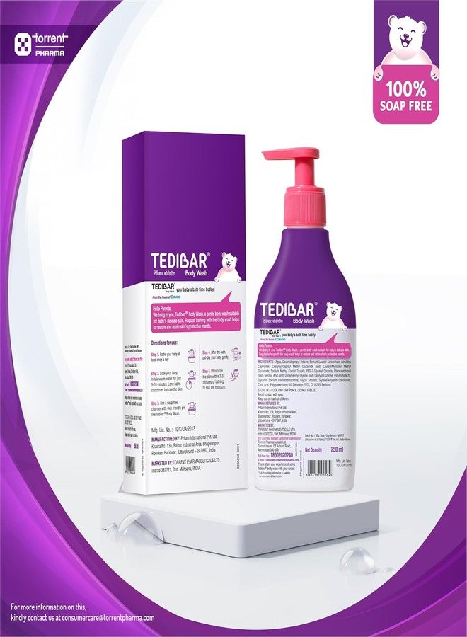 Tedibar Rich Moisturising Baby Body Wash 250ml with Skin Friendly PH with & Moisturising Baby Bathing Bar 75gx3(Pack of 1)|100% Soap Free|Dermatol - Image 4
