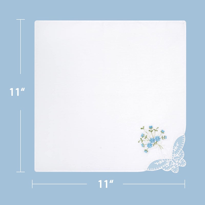 Selected Hanky Women's Cotton Handkerchiefs Flower Embroidered with Lace, Ladies Hankies 6 Pcs - Blue Floral - Image 4