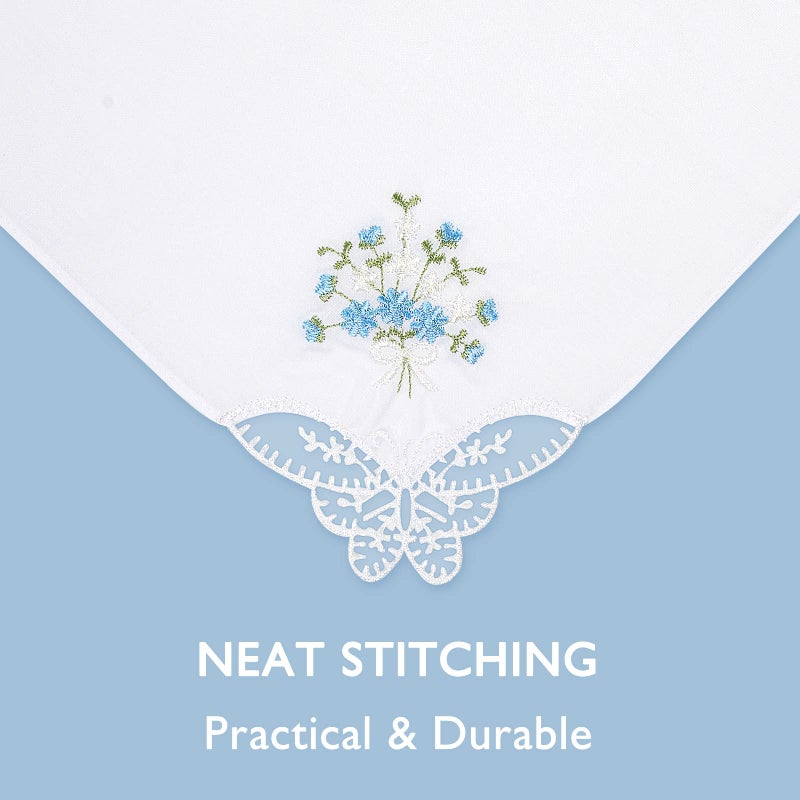 Selected Hanky Women's Cotton Handkerchiefs Flower Embroidered with Lace, Ladies Hankies 6 Pcs - Blue Floral - Image 2