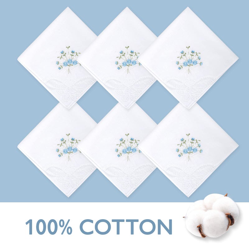 Selected Hanky Women's Cotton Handkerchiefs Flower Embroidered with Lace, Ladies Hankies 6 Pcs - Blue Floral - Image 5