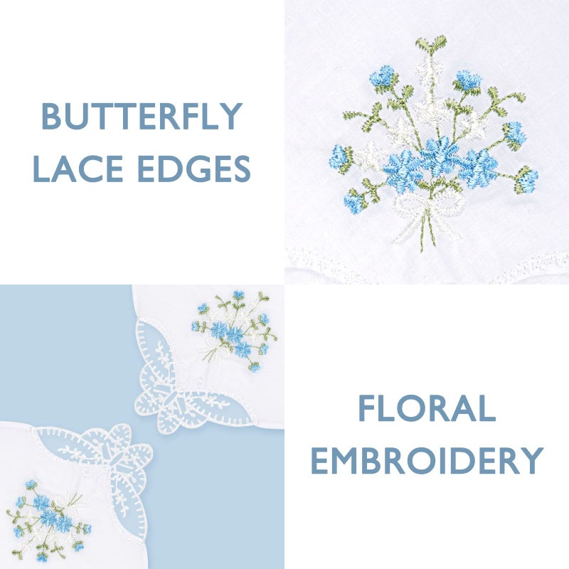 Selected Hanky Women's Cotton Handkerchiefs Flower Embroidered with Lace, Ladies Hankies 6 Pcs - Blue Floral - Image 3