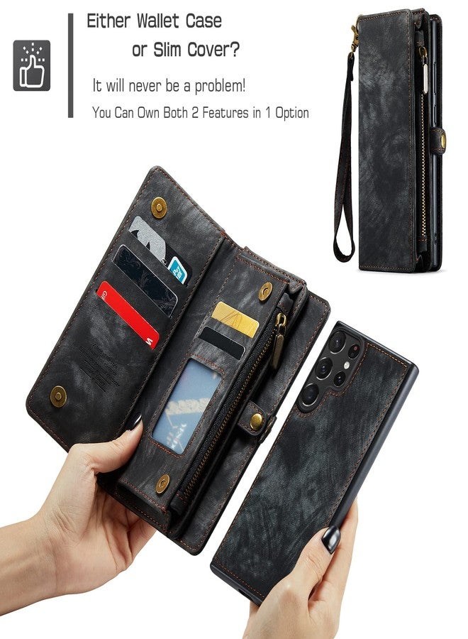 Asuwish Phone Case for Samsung Galaxy S23 Ultra 5G Zipper Wallet Detachable Cover with Screen Protector and Leather Flip Cash Card Holder Cell Accessories S23ultra 23S S 23 S23ultra5g Women Men Black - Image 5