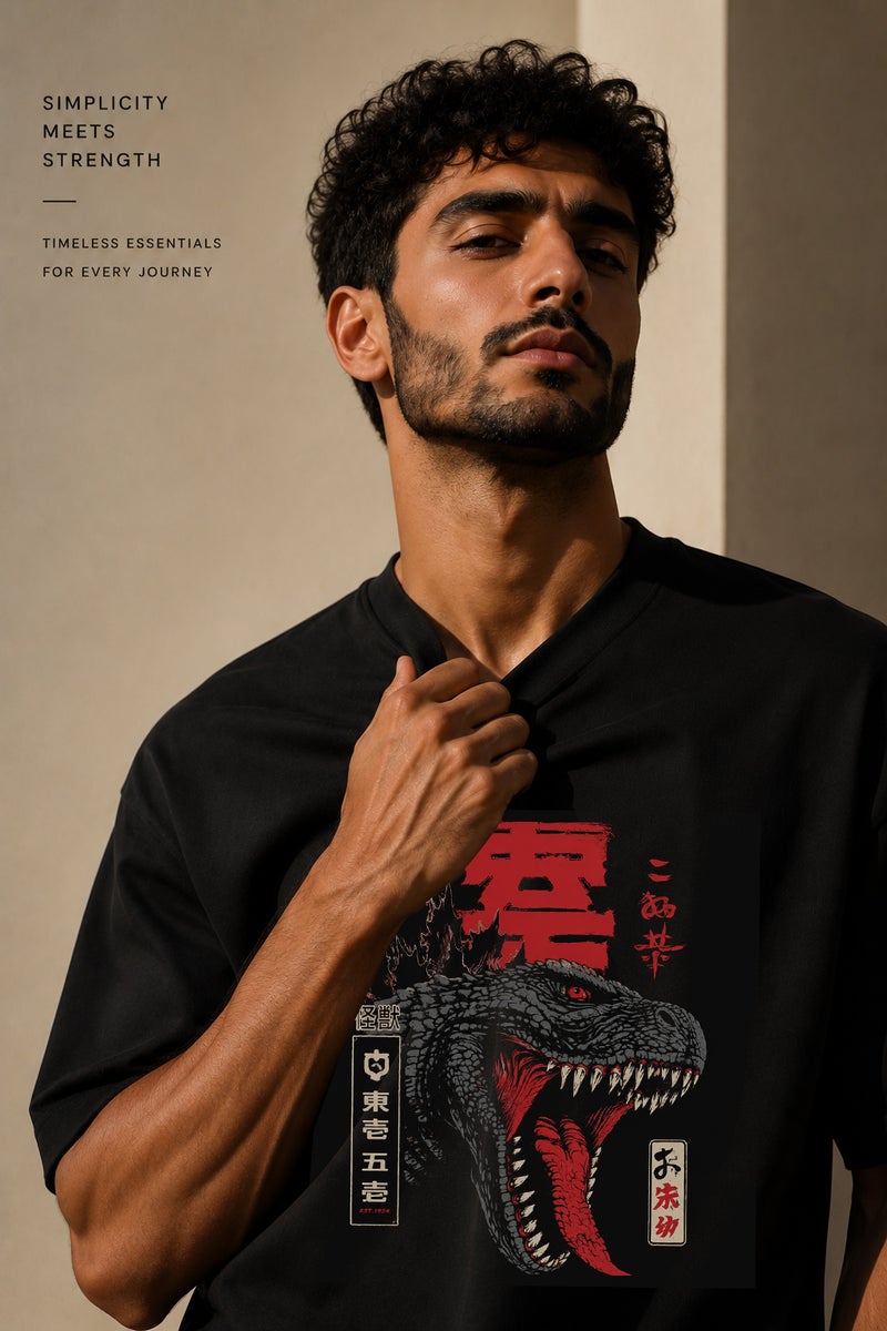 Men's Oversized Black Dinosaur Graphic T-Shirt Casual Short Sleeve Crew Neck Streetwear Tee - Image 5