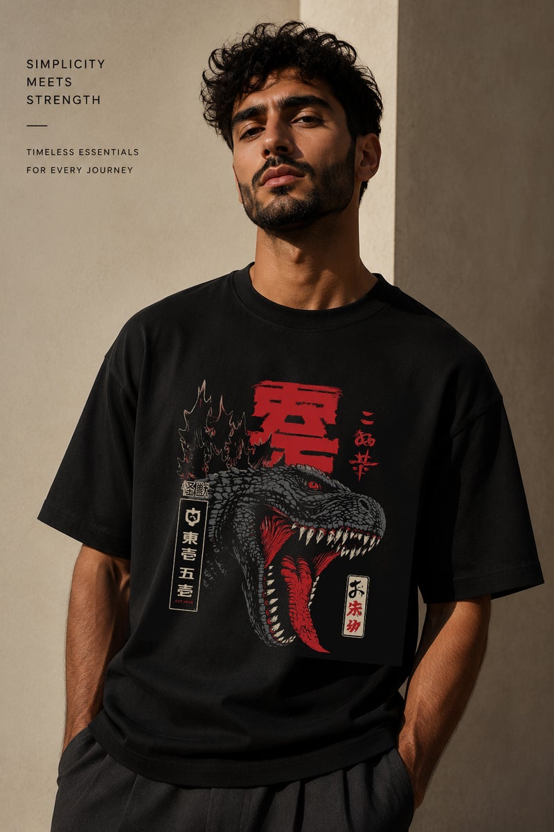Men's Oversized Black Dinosaur Graphic T-Shirt Casual Short Sleeve Crew Neck Streetwear Tee - Image 1