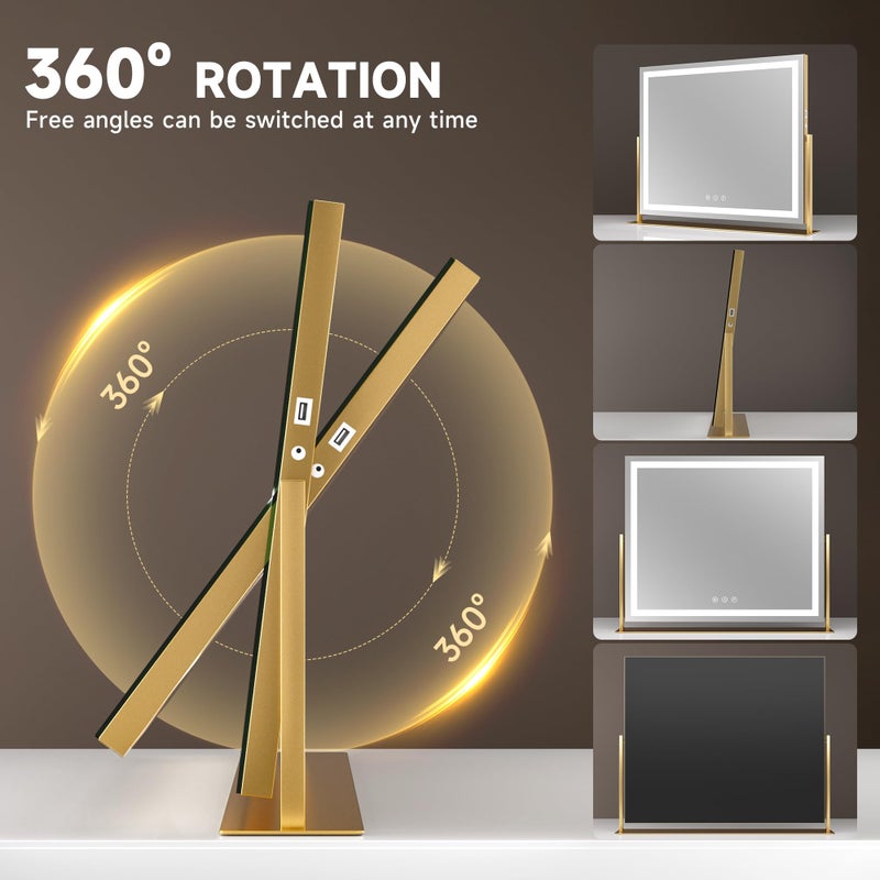 Hasipu Vanity Mirror with Lights, 23.6" x 18.1" LED Makeup Mirror, Light up Mirror with 10X Magnification, USB Charging Port, Smart Touch 3 Colors Dimmable, 360Â° Rotation (Gold) - Image 5