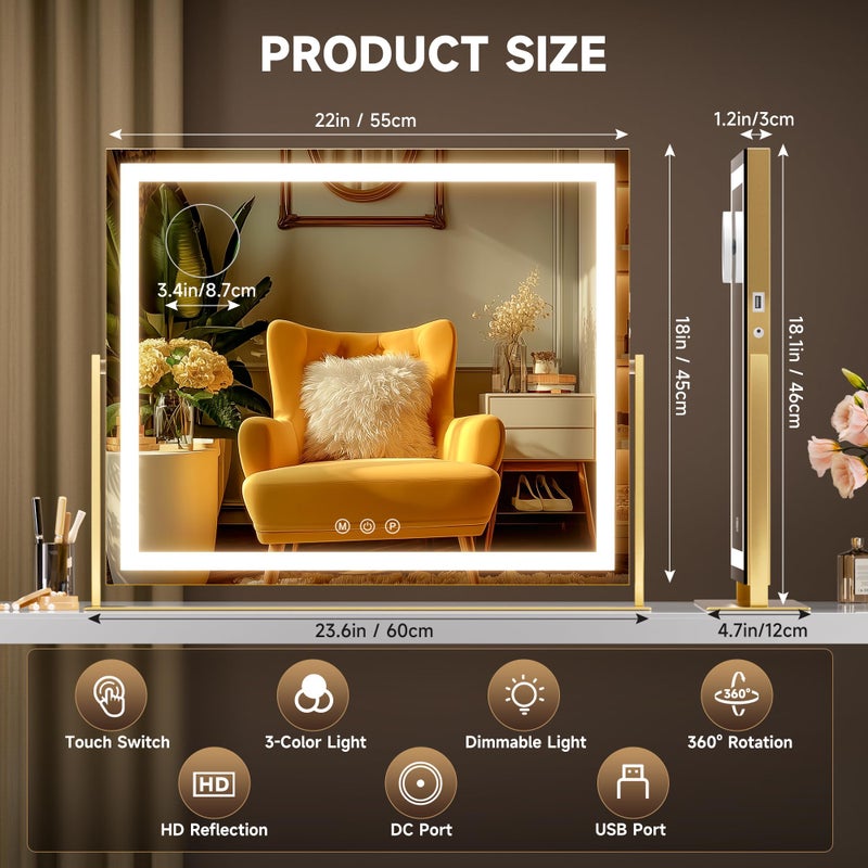 Hasipu Vanity Mirror with Lights, 23.6" x 18.1" LED Makeup Mirror, Light up Mirror with 10X Magnification, USB Charging Port, Smart Touch 3 Colors Dimmable, 360Â° Rotation (Gold) - Image 4