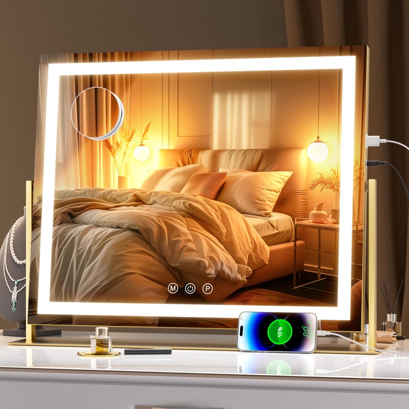 Hasipu Vanity Mirror with Lights, 23.6" x 18.1" LED Makeup Mirror, Light up Mirror with 10X Magnification, USB Charging Port, Smart Touch 3 Colors Dimmable, 360Â° Rotation (Gold) - Image 1