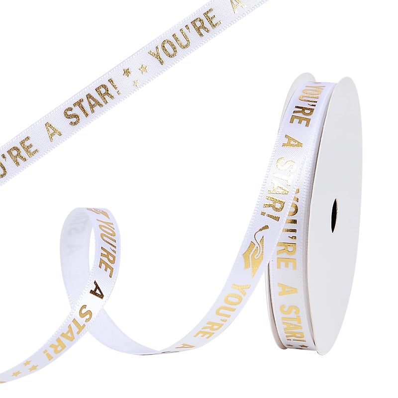 YAMA Back to School Themed Ribbon for Crafts 38 Inch 10 Yard Youre A Star Gold Satin Ribbon for Gift Wrapping Crafts Flower Bouquet Party Decoration White