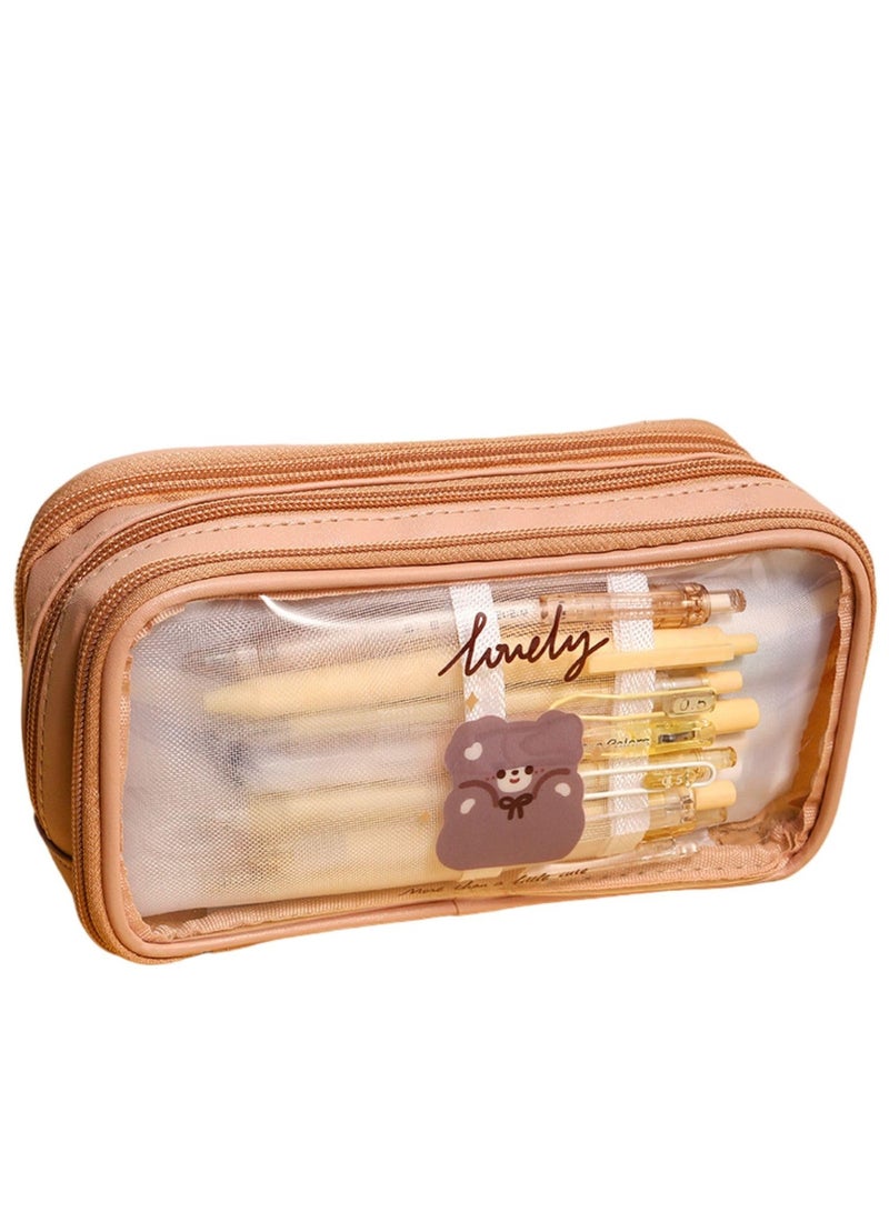 FunBlast Large Capacity Pencil Bag with 3 Compartments, Transparent Zipper Pouch, Portable Stationery Bag for Students and Office, Beige - Image 1