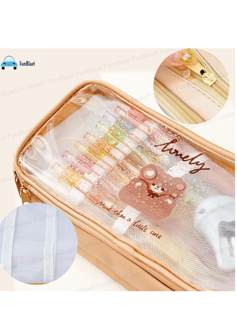 FunBlast Large Capacity Pencil Bag with 3 Compartments, Transparent Zipper Pouch, Portable Stationery Bag for Students and Office, Beige - Image 2
