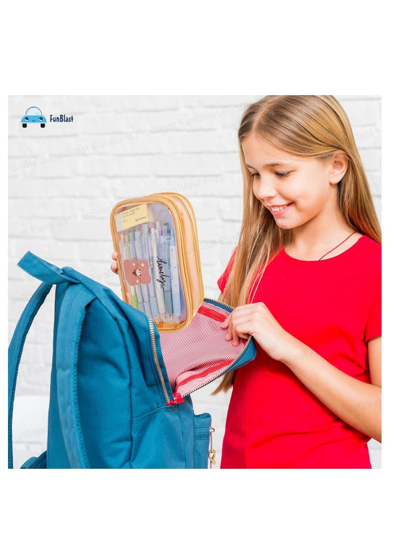 FunBlast Large Capacity Pencil Bag with 3 Compartments, Transparent Zipper Pouch, Portable Stationery Bag for Students and Office, Beige - Image 3