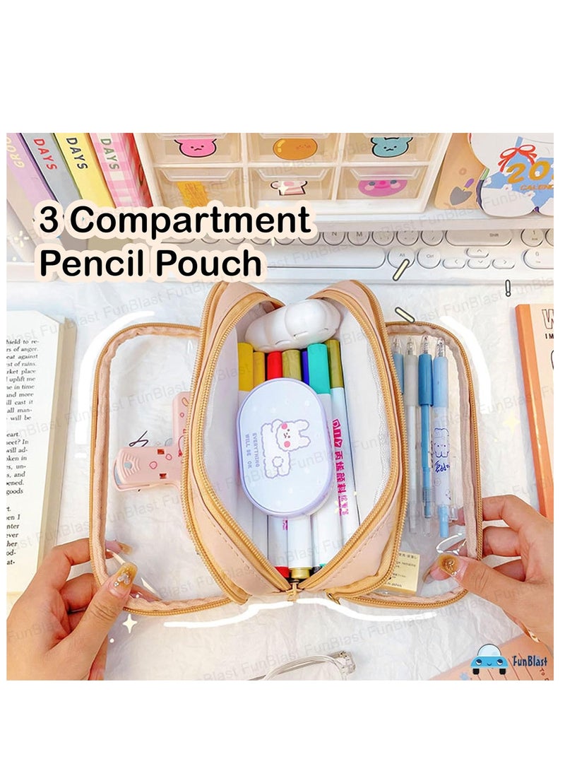 FunBlast Large Capacity Pencil Bag with 3 Compartments, Transparent Zipper Pouch, Portable Stationery Bag for Students and Office, Beige - Image 4