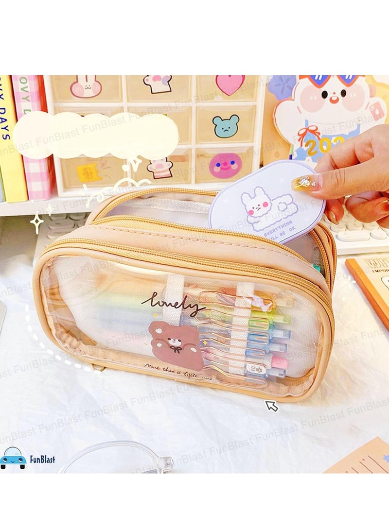 FunBlast Large Capacity Pencil Bag with 3 Compartments, Transparent Zipper Pouch, Portable Stationery Bag for Students and Office, Beige - Image 5
