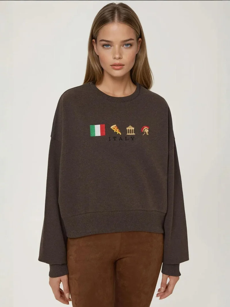 HICCUP Embroidered Crew Neck Cottoned Raised Sweatshirt