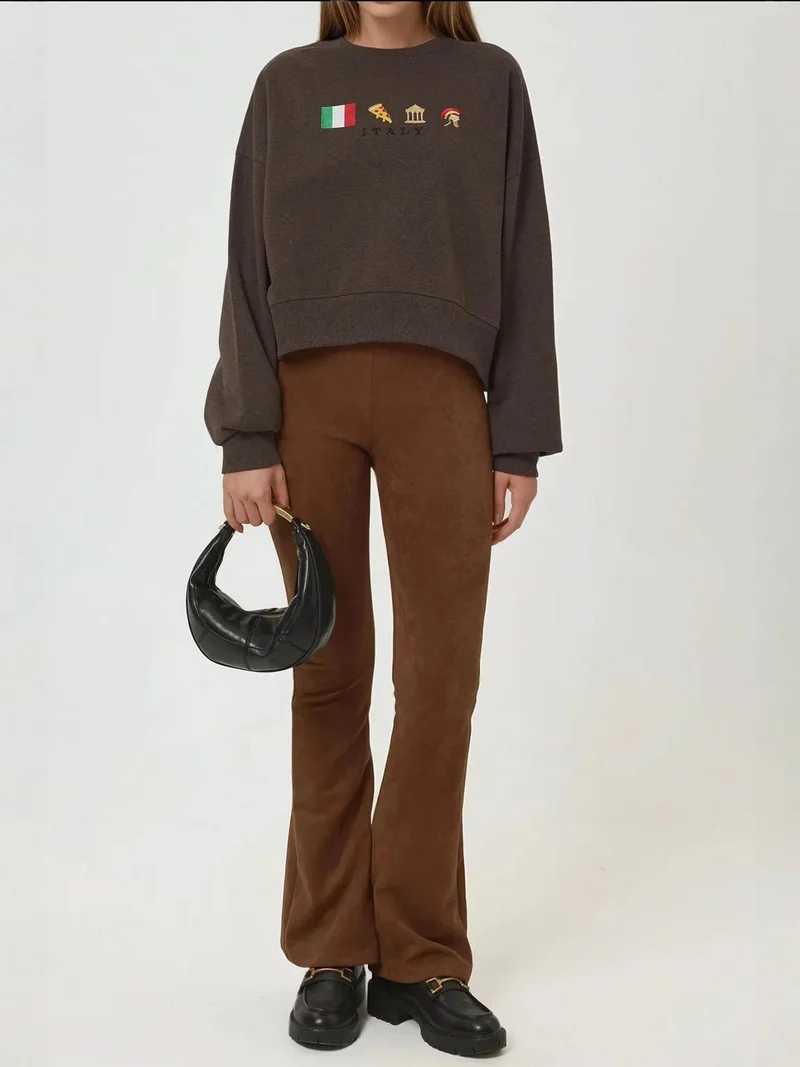 HICCUP Chestnut Brown Embroidered Crew Neck Cottoned Raised Sweatshirt for Women | Best Price UAE