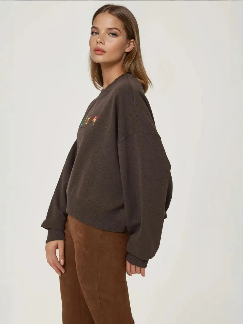 HICCUP Chestnut Brown Embroidered Crew Neck Cottoned Raised Sweatshirt for Women | Best Price UAE
