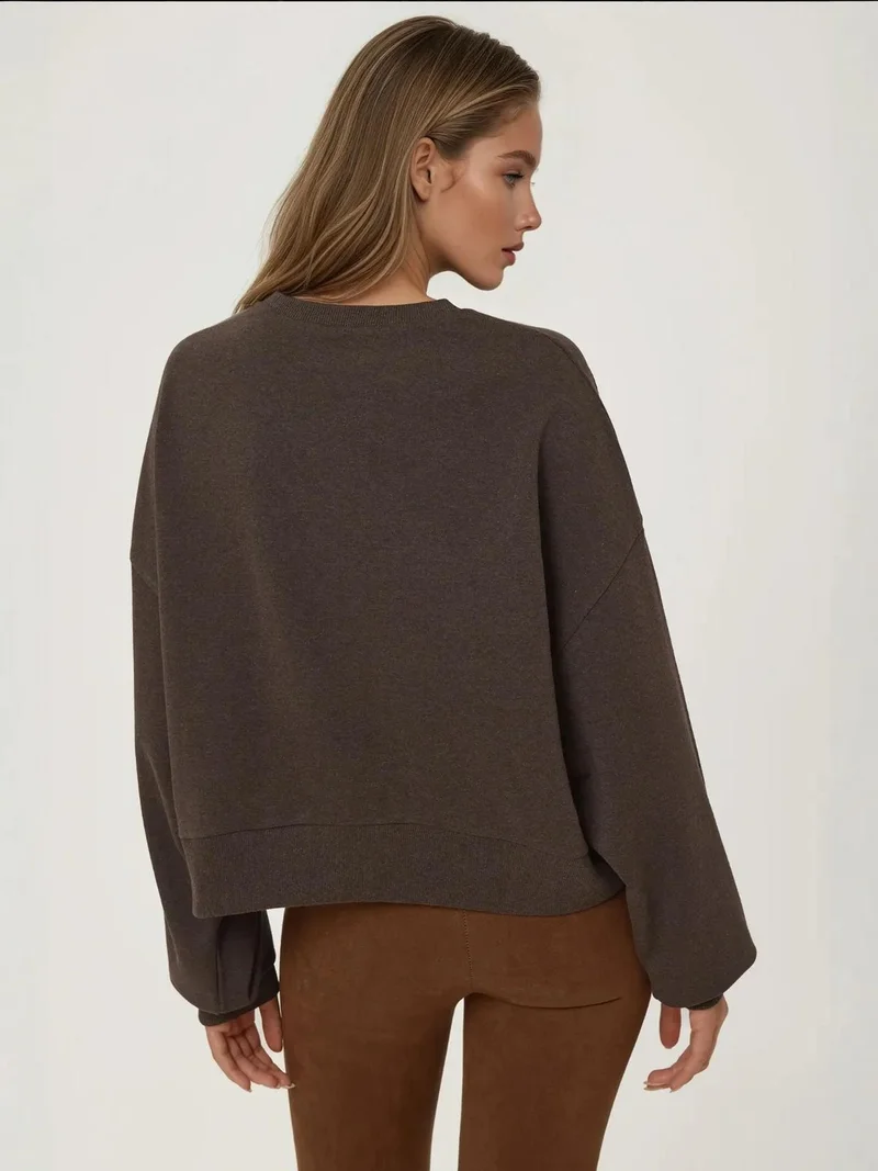 HICCUP Chestnut Brown Embroidered Crew Neck Cottoned Raised Sweatshirt for Women | Best Price UAE