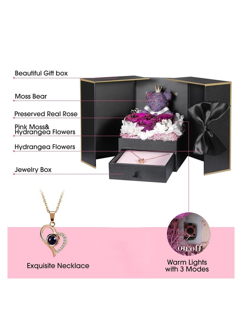 Generic Preserved Purple Rose Moss Bear Gifts Set with I Love You 100 Languages Necklace for Women Mom Wife Girlfriend  - Image 5
