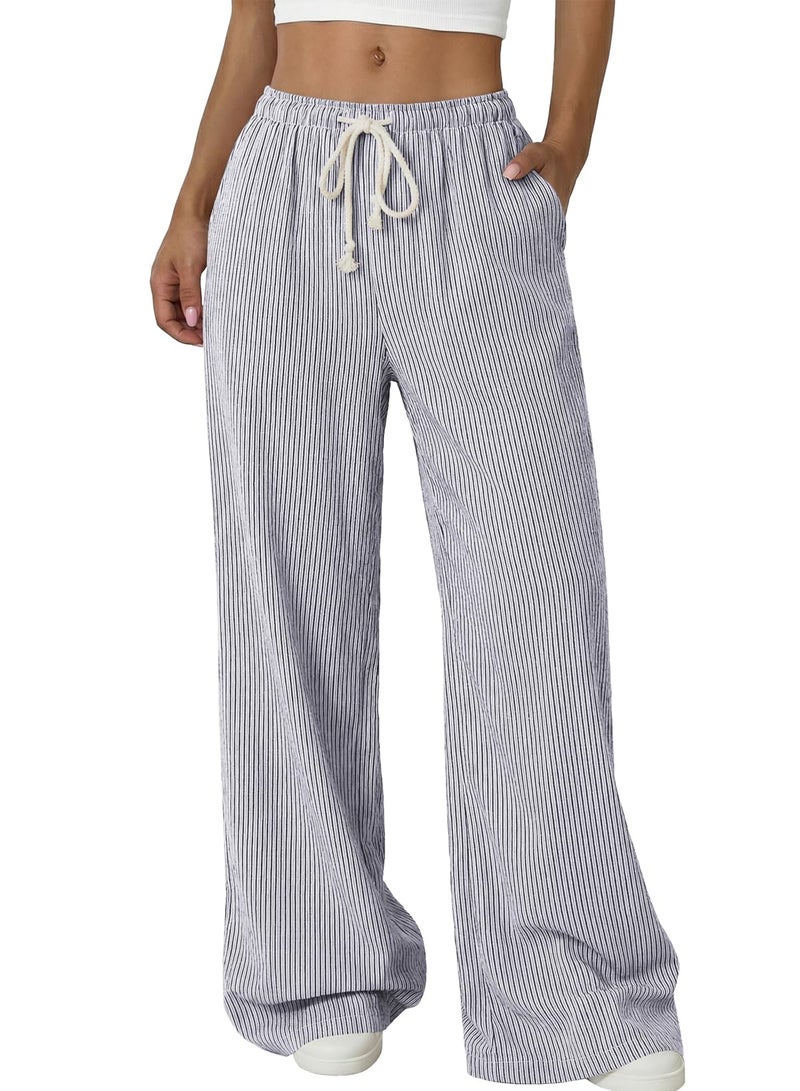 Acelitt Womenâ€™s Wide Leg Striped Palazzo Pants Drawstring Elastic Waist Casual Loose Lounge Pants Beach Trousers with Pockets Vacation Outfits Summer Clothes for Women Black Small - Image 1