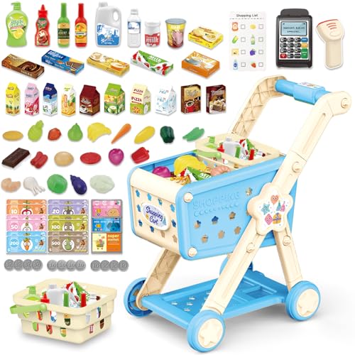 RedCrab Kids Shopping Cart75PCS Toy Shopping Cart Playset with Food Shop Accessories Adjustable Shopping Cart ArmShopping Basket Grocery Store Games for Ages 3 4 5 67 8 Blue - Image 1