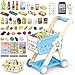 RedCrab Kids Shopping Cart75PCS Toy Shopping Cart Playset with Food Shop Accessories Adjustable Shopping Cart ArmShopping Basket Grocery Store Games for Ages 3 4 5 67 8 Blue - Image 2