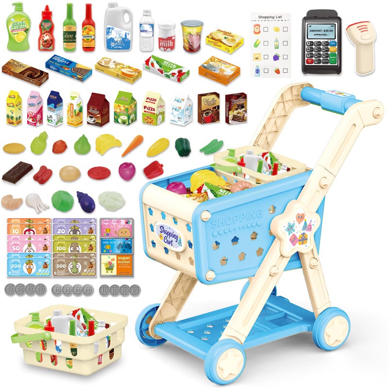 RedCrab Kids Shopping Cart75PCS Toy Shopping Cart Playset with Food Shop Accessories Adjustable Shopping Cart ArmShopping Basket Grocery Store Games for Ages 3 4 5 67 8 Blue - Image 3