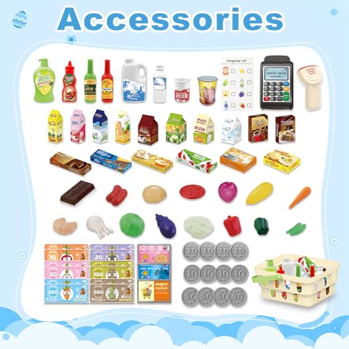 RedCrab Kids Shopping Cart75PCS Toy Shopping Cart Playset with Food Shop Accessories Adjustable Shopping Cart ArmShopping Basket Grocery Store Games for Ages 3 4 5 67 8 Blue - Image 5