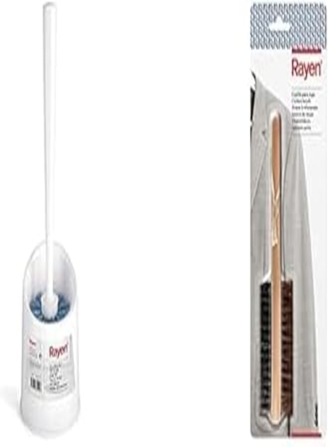 Rayen Toilet Brush Medidas: 37,5 x 11,5 cm. white + Rayen Clothes Brush with Natural Bristles, Wood, Black, Brown, 21 x 4.90 x 4.5 cm