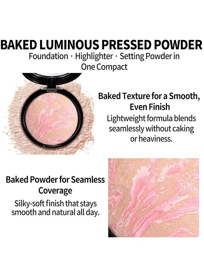 HUDA STORY Glow Fusion, Baked Luminous Pressed Powder–Glow-Infused Foundation,Highlighter & Setting Powder in One–Color-Correcting,Oil-Control,Long-Lasting Coverage for All Skin Tones #01 Porcelain - Image 4