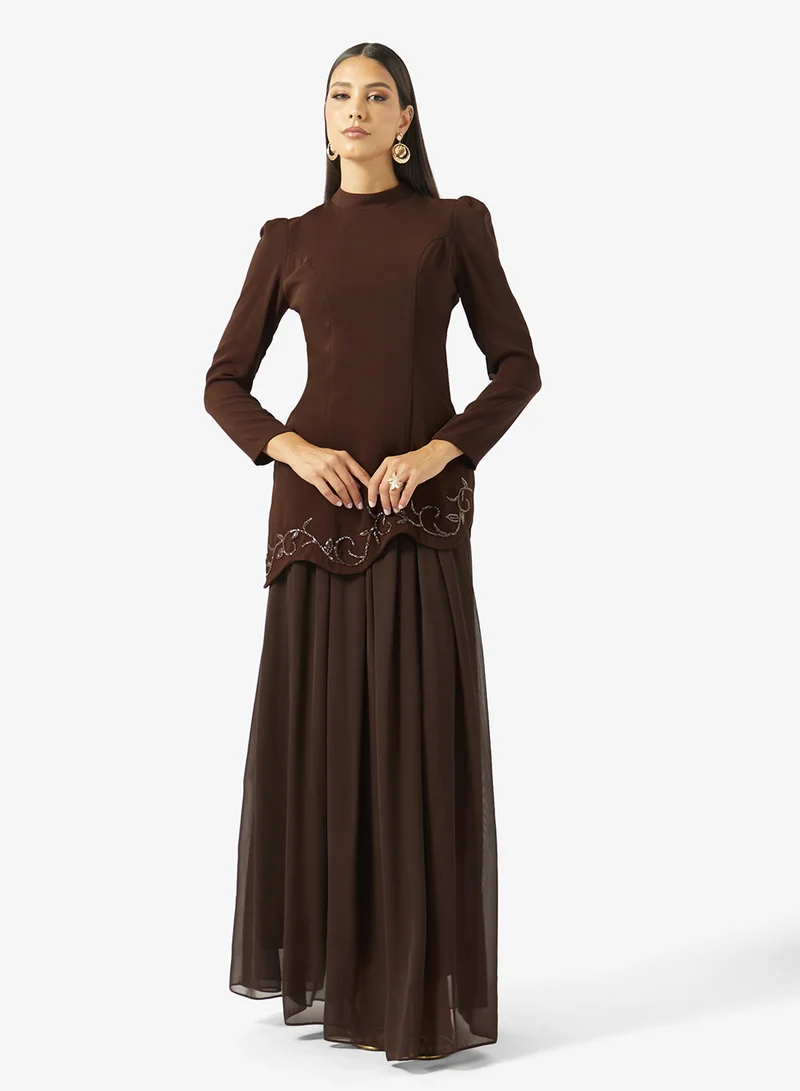 BEADED WAVY WAIST LINE CREPE DRESS