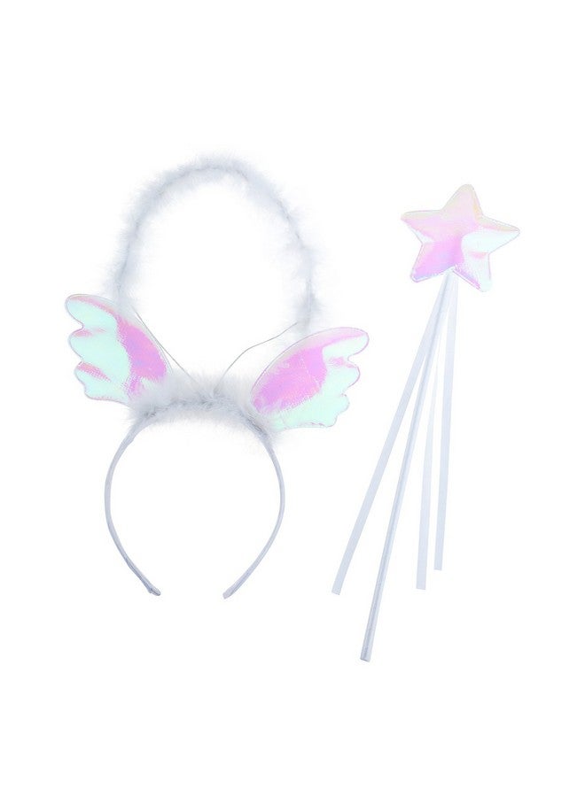 Lux Accessories White Angle Crown Mini Wings Furry Fashion Headband Star Wand - Image 1