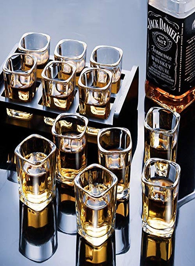 VILON Premium Heavy Base Shot Glass Set 12 | Crystal Square Shot Glasses for Party Bar, Vodka & Tequila | 60 ML | Transparent(Brown Tray not Include) - Image 2