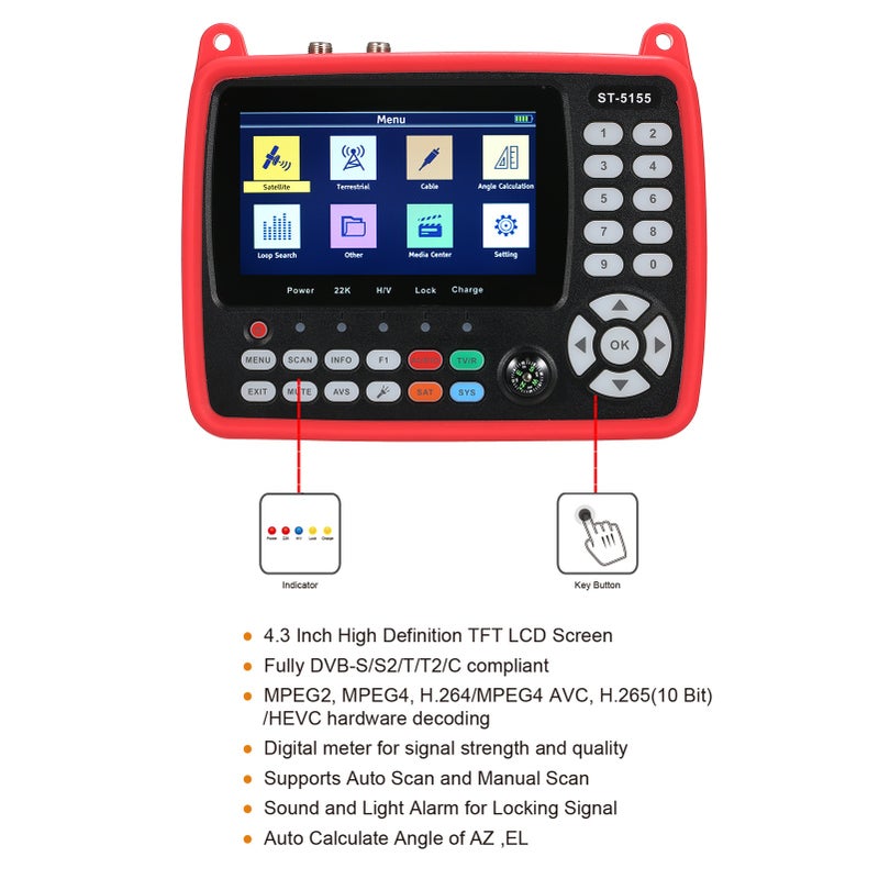 Digital Satellite Finder Meter DVB-S/S2/T/T2/C Combo Meter Portable Satellite TV Signal Finder 2600mAh Rechargeable Digital Handheld Signal Meter Satellite Finder H.264/H.265 HEVC MPEG-2/4 4.3 Inch - Image 5