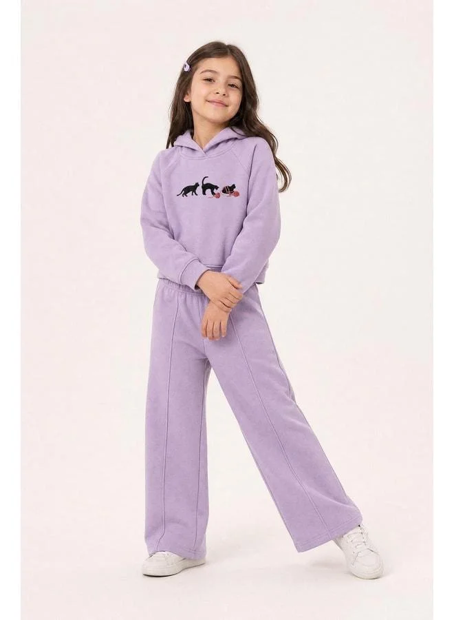 Perendi Girl's Hooded Fleece-Lined Cat Embroidered Sherpa Winter Set