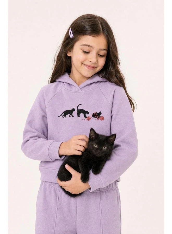 Perendi Girl's Hooded Fleece-Lined Cat Embroidered Sherpa Winter Set