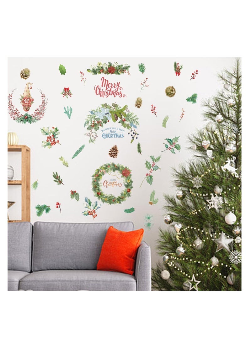 ECVV 4 Pcs Merry Christmas Wall Decal Christmas Wreath Wall Sticker Christmas Window Decal Sticker Xmas Peace Removable Wall Decor for Bedroom Living Room Home Office Decor - Image 2