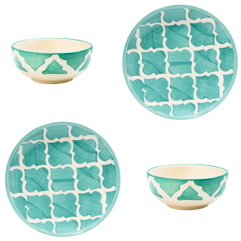 FS COOL Hand Painted Ceramic Plates and Bowls Set Microwavable Dishwasher Safe Set of 2 Dinner Platers 7 Inch with Set of 2 Bowls 125 Ml 9 Cm Set Housewarming Wedding Gift Green - Image 1
