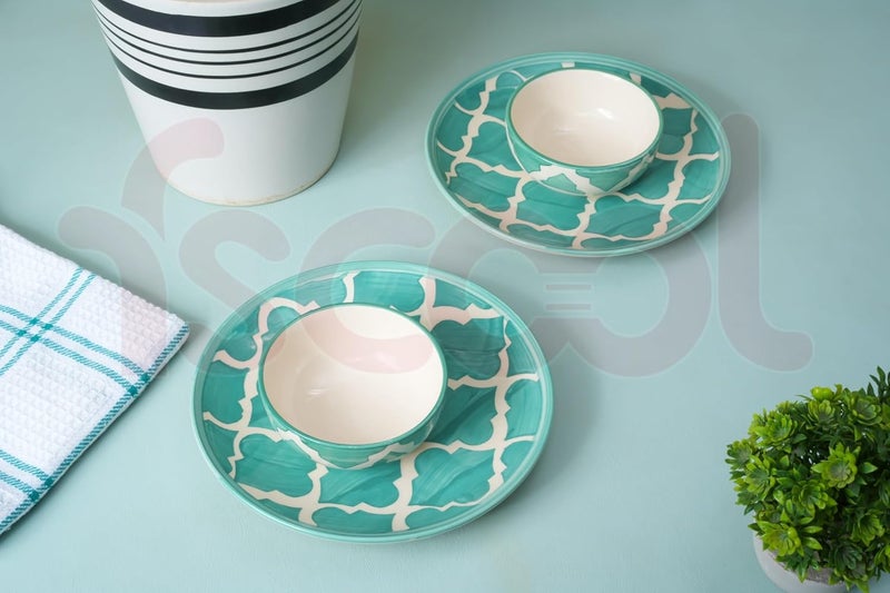 FS COOL Hand Painted Ceramic Plates and Bowls Set Microwavable Dishwasher Safe Set of 2 Dinner Platers 7 Inch with Set of 2 Bowls 125 Ml 9 Cm Set Housewarming Wedding Gift Green - Image 5