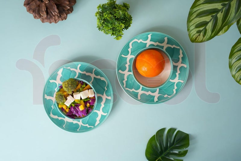 FS COOL Hand Painted Ceramic Plates and Bowls Set Microwavable Dishwasher Safe Set of 2 Dinner Platers 7 Inch with Set of 2 Bowls 125 Ml 9 Cm Set Housewarming Wedding Gift Green - Image 3
