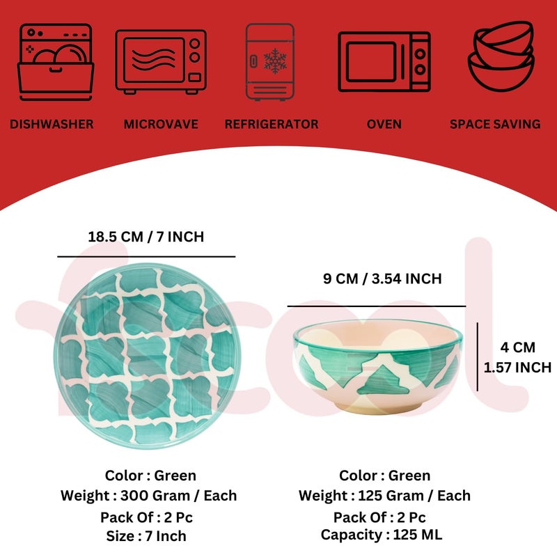 FS COOL Hand Painted Ceramic Plates and Bowls Set Microwavable Dishwasher Safe Set of 2 Dinner Platers 7 Inch with Set of 2 Bowls 125 Ml 9 Cm Set Housewarming Wedding Gift Green - Image 2