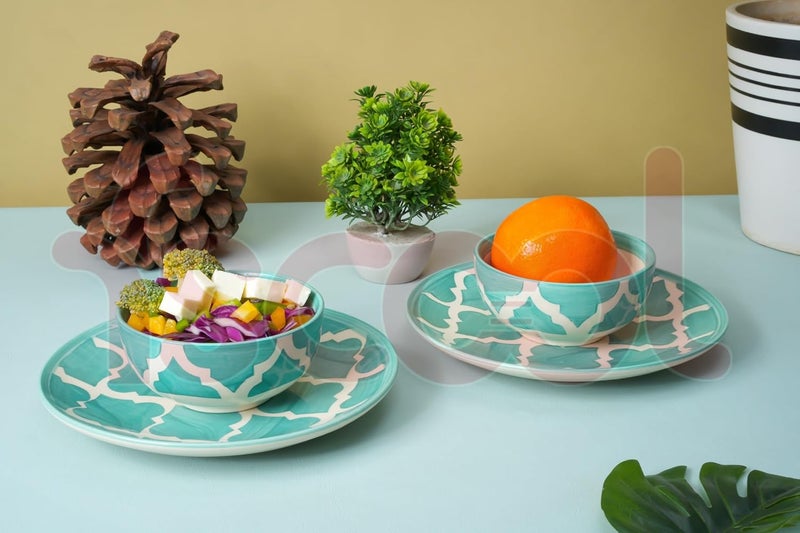 FS COOL Hand Painted Ceramic Plates and Bowls Set Microwavable Dishwasher Safe Set of 2 Dinner Platers 7 Inch with Set of 2 Bowls 125 Ml 9 Cm Set Housewarming Wedding Gift Green - Image 4