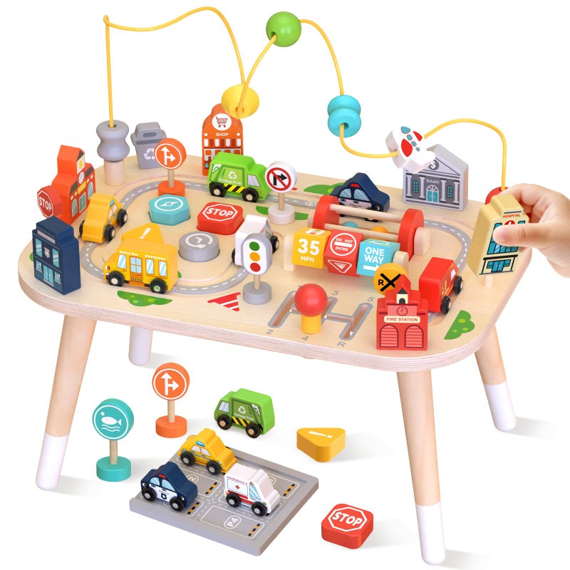 Weilim Wooden Montessori Activity Table for Toddlers Baby Busy Table with Bead Maze Shape Sorter Cars Road Signs Traffic Learning Activity Center Sensory Toys for Birthday Gift Boys Girls 1 Year Old - Image 3